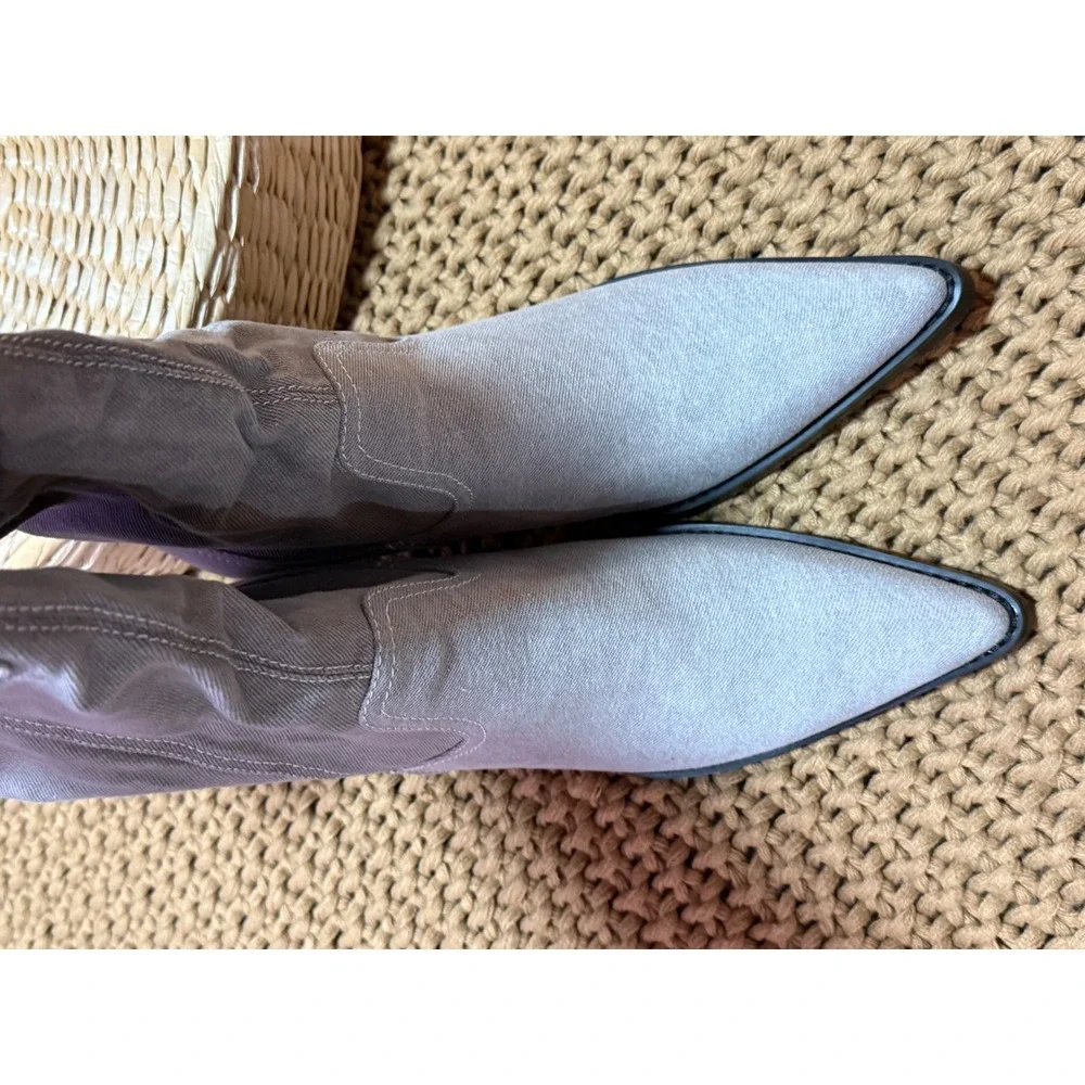 VIVIANLY Gray Denim Look Distressed Pocket‎ Over The Knee Cowboy Western Boots